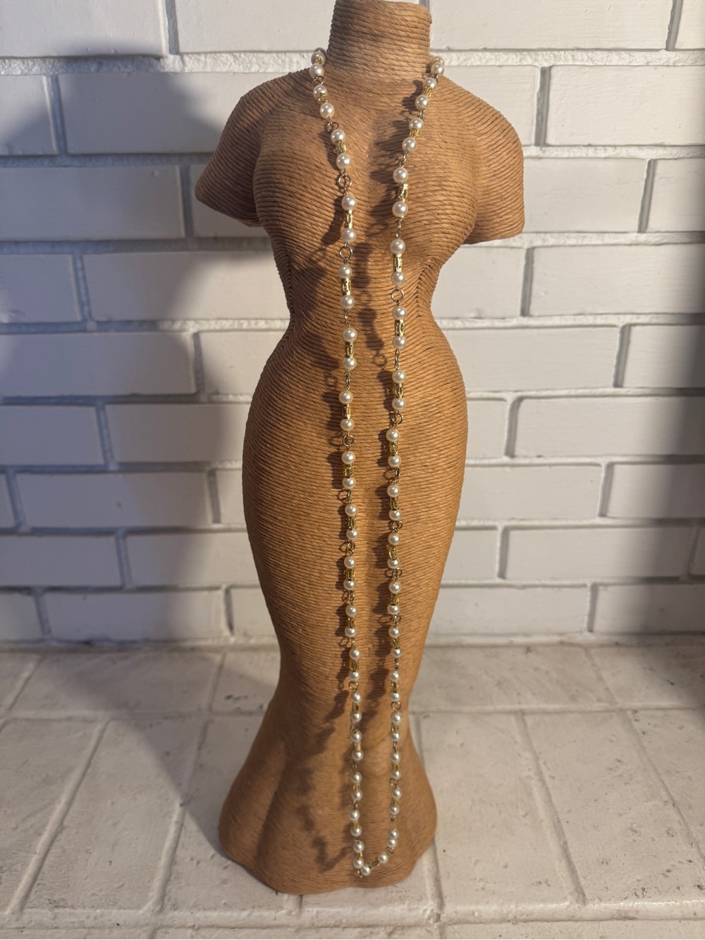 Vintage Long Faux Pearl & Filigree Gold-Tone Station Necklace | Opera Length